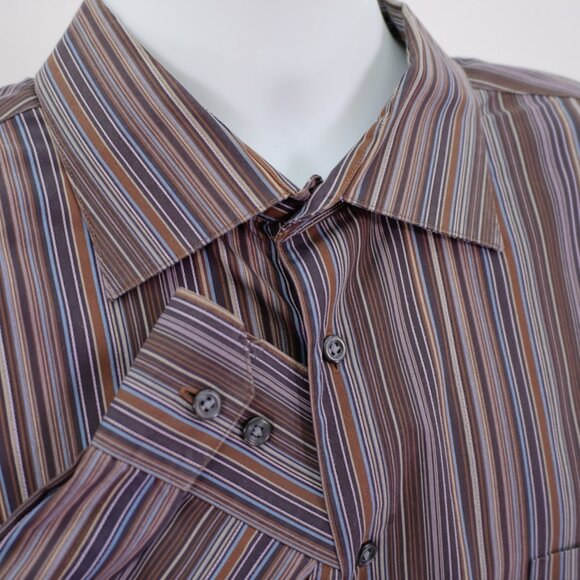 Pronto Uomo XXL Non Iron‎ Brown Blue Striped Pocket Front Collared Dress Shirt - Picture 2 of 11